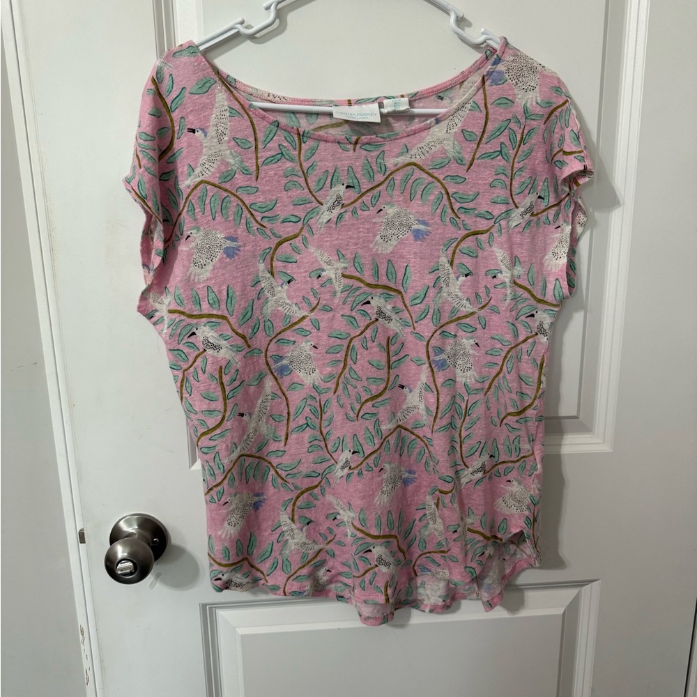 Cynthia Rowley Linen‎ pink bird  Blouse cap sleeve